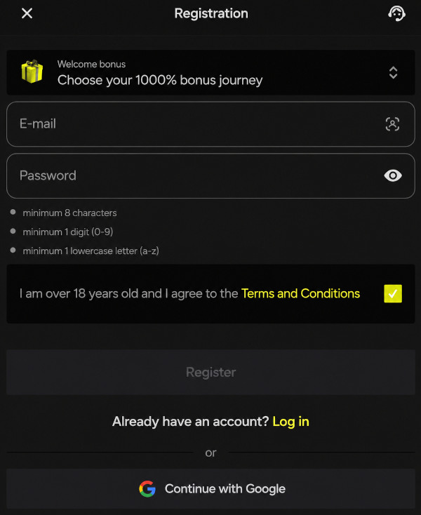 New account registration on the Parimatch website