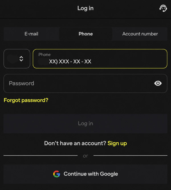 Personal account login page